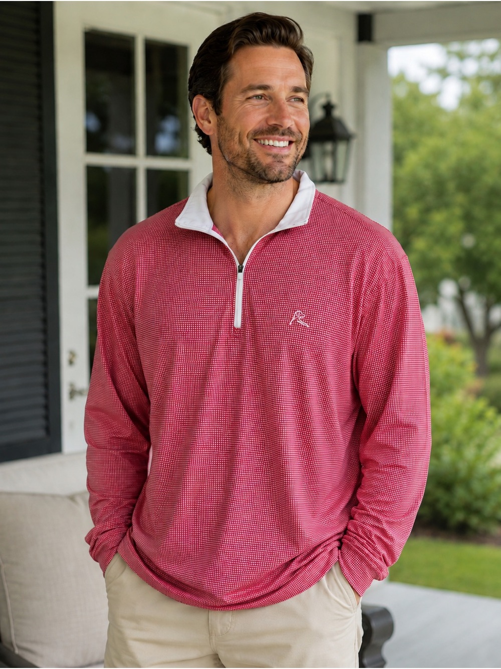 Rhoback Men’s XXL Red Houndstooth Quarter Zip Performance Pullover Golf Preppy